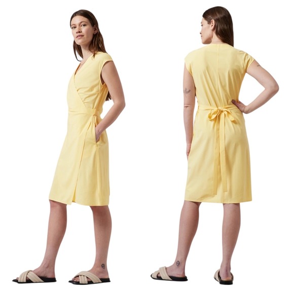 Athleta Dresses & Skirts - Athleta Newport Wrap Dress Yellow Pinstripe Short Sleeve Belted Midi Athletic L